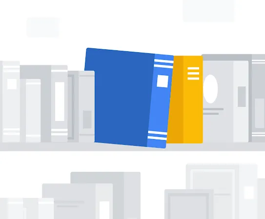 Una biblioteca bien organizada con libros de color azul y amarillo que representan los distintos tipos de información