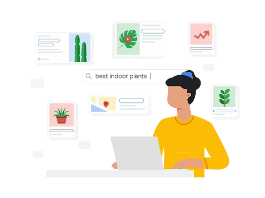 Illustration of a person searching for best indoor plants on Google