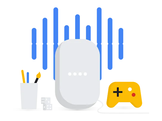 Illustration mit einem Stiftehalter, Google Nest und einem Controller vor senkrechten Linien