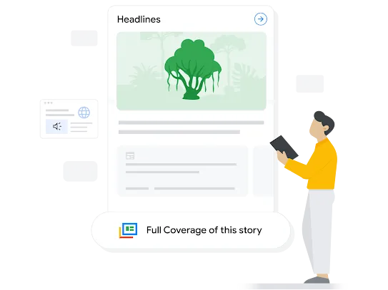 Ilustración de una persona sosteniendo un dispositivo móvil en el que mira una noticia con etiquetas contextuales y vínculos pertinentes