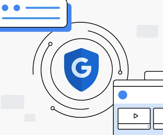 Illustration eines Schilds mit dem G-Logo von Google in der Mitte, darum kreisenden Bällen und bestätigten Websites