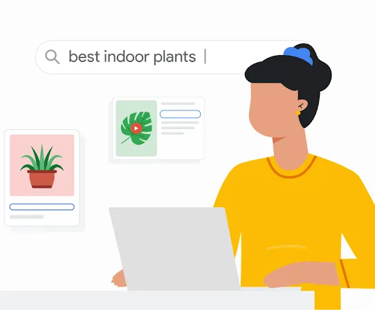 Ilustración de una persona que busca en Google cuáles son las mejores plantas de interior