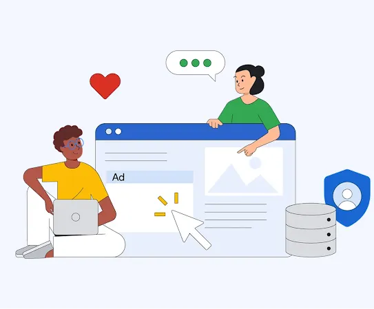 Ilustração de duas pessoas compartilhando informações on-line com confiança e protegidas por tecnologia avançada