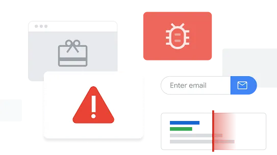 Geïllustreerde Zoeken-vensters die malware, spampagina's en twijfelachtige content vertegenwoordigen.