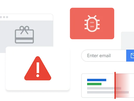Illustrated Search windows representing malware, spam pages, and questionable content.