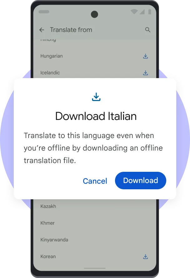 Pixel phone showing Translate's Offline Download function with supporting icons and illustrated shapes